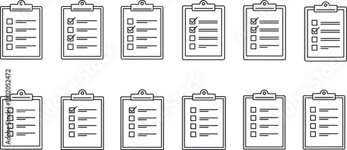 Checklist clipboard icons set in black outline style, task list and to do list illustrations, productivity and organization symbols, minimalist line art design