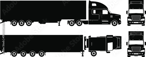 Semi truck with box trailer silhouette vector set showing side front rear and top views for logistics freight transport illustration