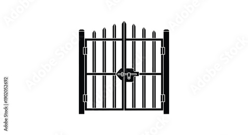 A simple black and white illustration of a metal gate with a central locking mechanism silhouette high quality professional detailed