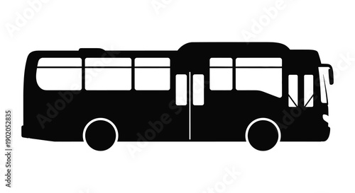 A stark black silhouette depicts a full size passenger coach bus with detailed windows and wheels silhouette high quality