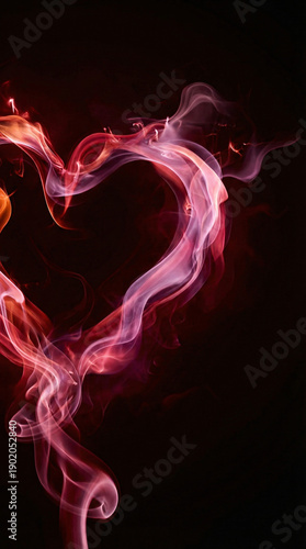 Swirling pink and red smoke forming a vague heart shape against a black background, abstract art, fluid motion, high contrast, mysterious and captivating, copy space