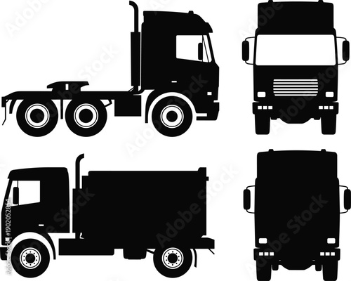 Truck cab silhouette vector set showing tractor unit and box truck in side front and rear views for logistics illustration design