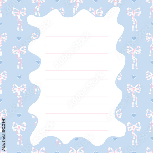 Cute Pastel Blue Memo Pad with Pink Bows and Hearts Pattern, Aesthetic Lined Stationery Paper for Journaling and To-Do Lists