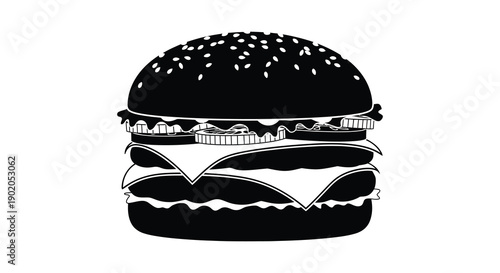 A striking black silhouette depicts a layered cheeseburger with sesame seeds on the bun silhouette high quality professional