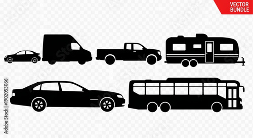 Collection of Diverse Vehicle Silhouettes for Transportation Concepts.