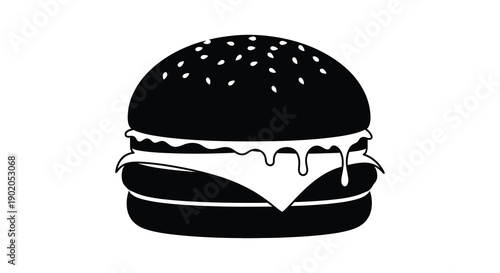 A striking black silhouette depicts a classic cheeseburger with sesame seeds cheese and dripping sauce silhouette