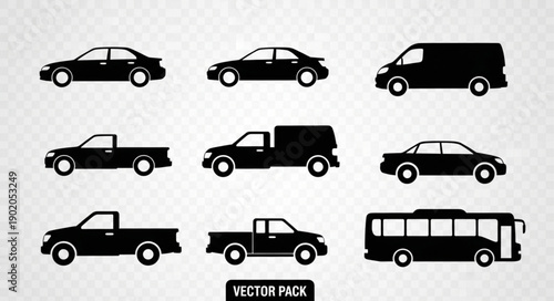 Collection of Diverse Vehicle Silhouettes on Transparent Background.