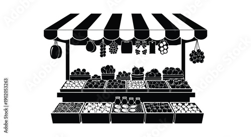 A black and white illustration depicts a market stall overflowing with produce presented as a silhouette high quality professional detailed