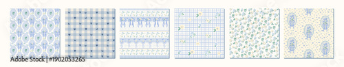 Soft Blue Coquette Seamless Pattern Set with Bows and Flowers. Aesthetic Gingham and Floral Digital Paper Pack in Pastel Blue.
