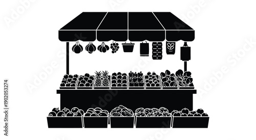 A black and white illustration depicts a market stall overflowing with produce creating a striking silhouette high quality