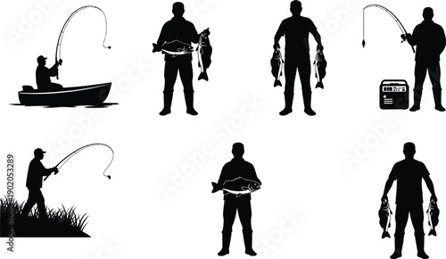 Fishing activity silhouette collection showing anglers with rods, boat fishing, freshwater catch display, outdoor recreation hobby icons isolated on white background