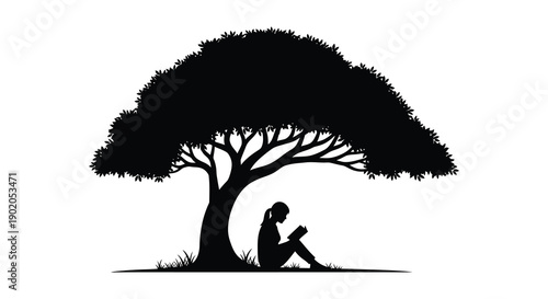 A lone figure reads a book beneath the expansive branches of a tree creating a striking silhouette