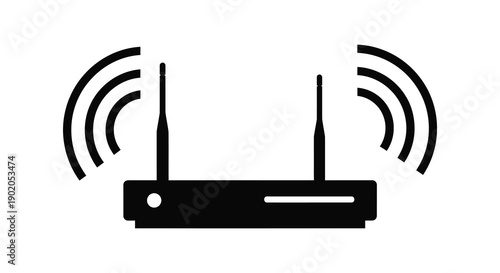 A minimalist black silhouette of a wireless router emitting radio waves representing network connectivity silhouette high quality professional