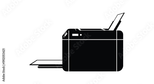 A stark black silhouette of a modern printer showing its boxy shape and open output tray silhouette
