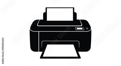 A stark black silhouette of a modern inkjet printer with an extended output tray technology illustration silhouette