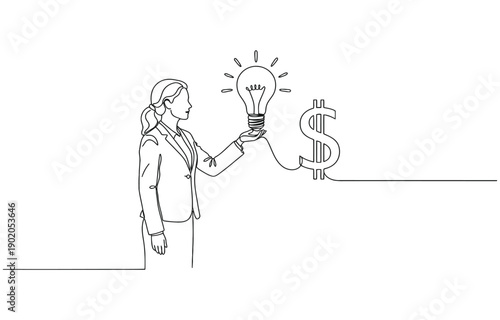 Businesswoman connect lightbulb with money dollar sign continuous line art.