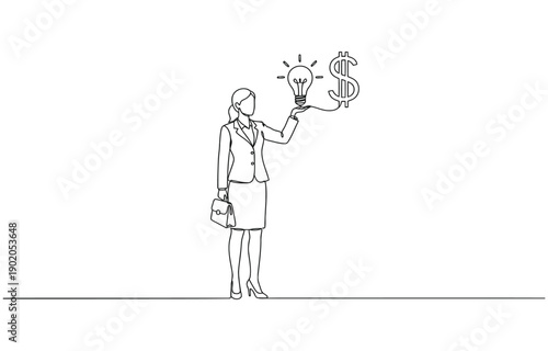 Businesswoman connect lightbulb with money dollar sign continuous line art.