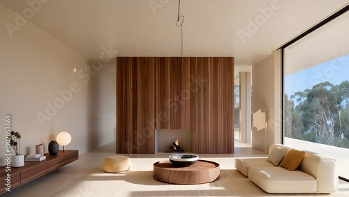 Modern Living Room Minimalist Warm-Plaster Walnut Scandinavian Serenity Style Soft Natural Daylight Large Glass Wall Mid-Century Armchairs Textured Circular Rug Oversized Cream Sofa Elegant Design Lux