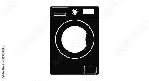 A stark black silhouette of a front loading washing machine against a bright white background minimalist style silhouette