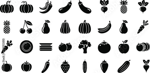 Fruit and vegetable silhouette icon collection showing fresh organic food items for grocery, nutrition, and healthy diet design isolated on white background