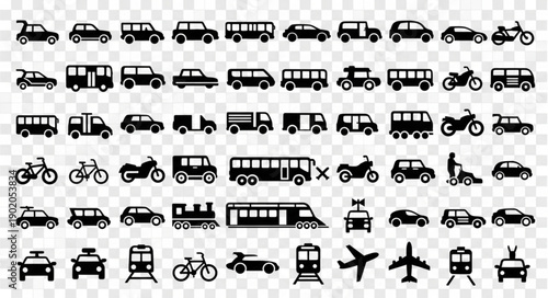 Collection of diverse transportation vehicles and modes of travel icons.