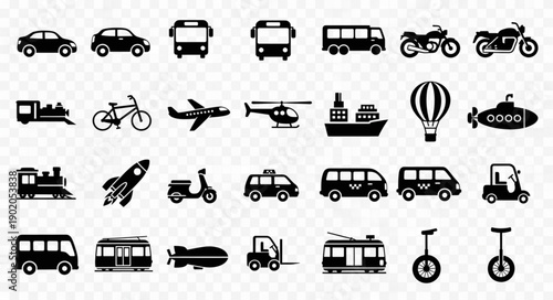 Collection of Diverse Transportation Vehicles and Modes of Travel Icons.