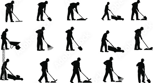 Gardener and landscaping worker silhouette collection showing lawn mowing, raking leaves, digging soil, and yard maintenance activities isolated on white background