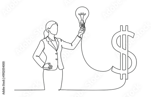 Businesswoman connect lightbulb with money dollar sign continuous line art.