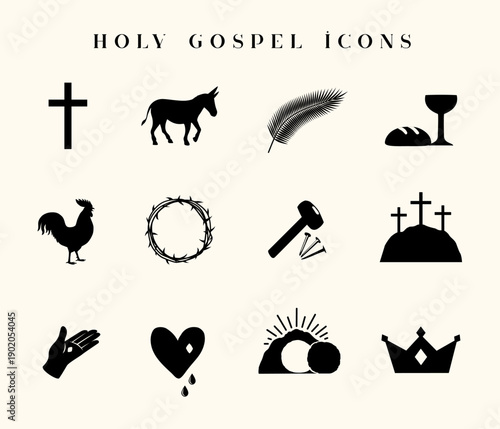 Holy Gospel icon set for Easter Sunday design. Christian Holy Week icons for church web banner or service invitation. Vector illustration