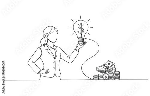 Businesswoman connect lightbulb with money dollar sign continuous line art.