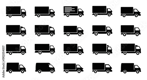 Collection of diverse truck silhouettes for logistics and transport.
