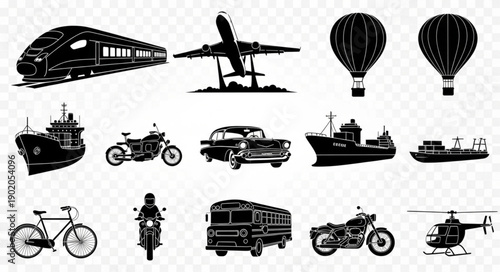 Collection of diverse transportation vehicles in silhouette.