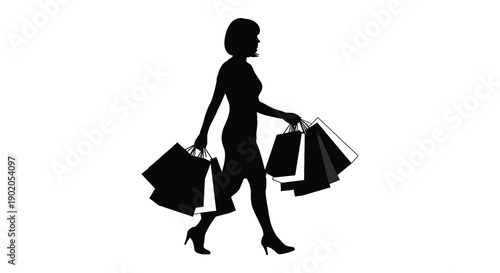 A woman walking with shopping bags is depicted in a stark black silhouette against a white background silhouette