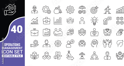 Collection of forty linear operations management icons depicting business and strategy concepts design