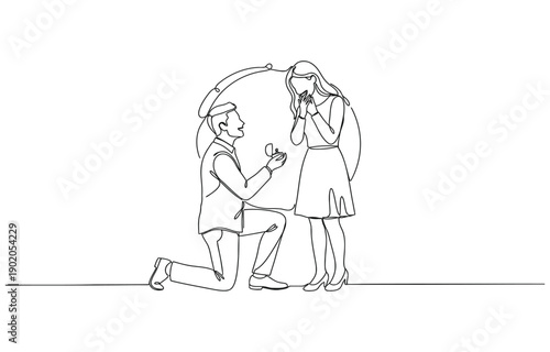 Minimalist one line drawing of Engagement couple embracing in love hug.