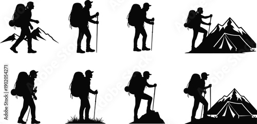 Hiking backpacker silhouette icons set with mountain trekking poses, outdoor adventure and camping illustration, explorer travel concept in minimalist black vector style