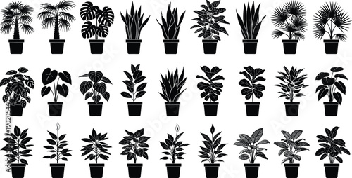 Indoor Potted Plant Silhouette Collection Featuring Various Houseplants in Black Minimal Vector Style Isolated on White Background