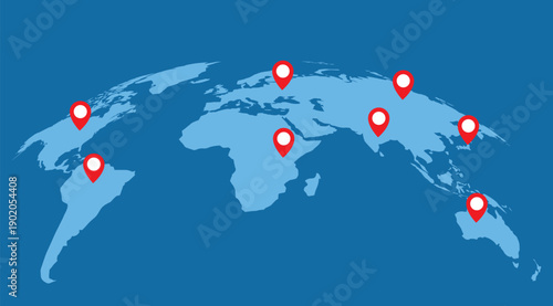 Curved world map half globe of blue planet Earth, global business geography, worldwide international. Africa, Asia and America, Europe, Australia continents. Travel vector infographics