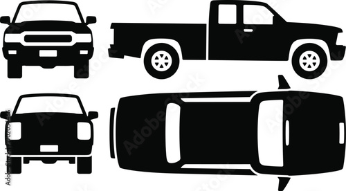 Pickup truck silhouette vector set showing front side rear and top views of utility vehicle for transportation illustration design