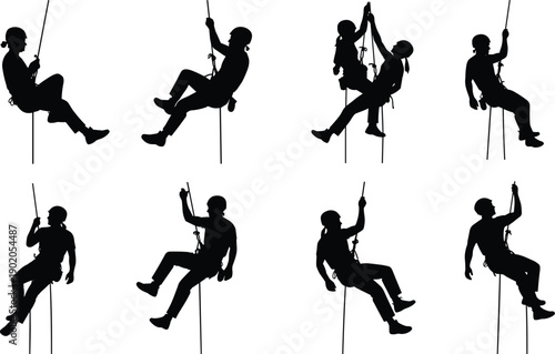 Industrial rope access worker silhouette collection showing safety harness climbing, rescue rappel, and height maintenance technician positions isolated on white background