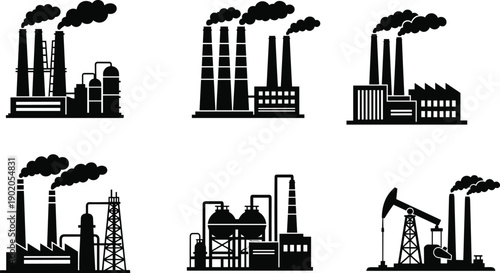 Industrial factory and power plant silhouettes set isolated on white background, heavy industry, manufacturing, oil and energy production icons collection