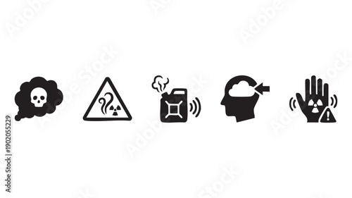 Radiation hazard and toxic gas warning signs, danger symbols with gas can and brain radiation