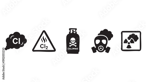 Chlorine gas and chemical warning signs, danger symbols with gas mask and radiation hazard