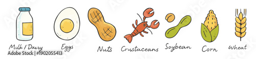Food Allergy Icons Set for Milk Egg Nut Seafood Soy Wheat Vector