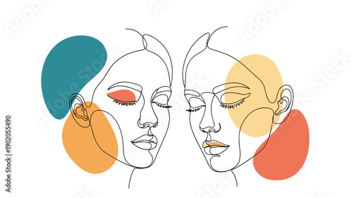 Elegant continuous line art portraits of two women with closed eyes, featuring colorful abstract shapes, symbolizing beauty, connection, and introspection.