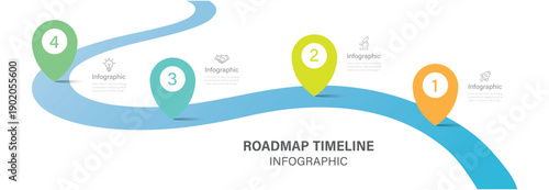 Roadmap timeline infographic template design for business growth and milestones presentation. 4 Steps modern diagram with road journey concept.
