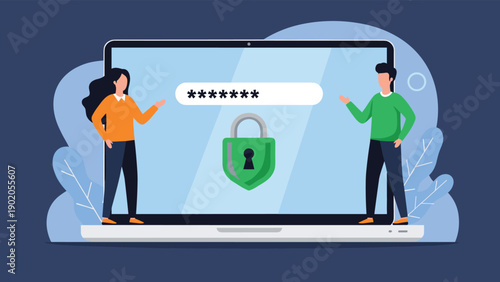 Two people standing next to a laptop displaying a password input field and a shield with a padlock, symbolizing online security and account protection.