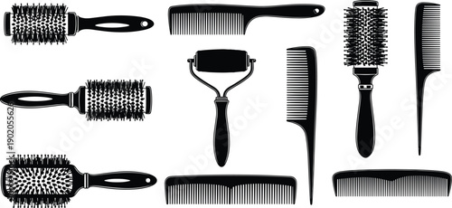 Professional hair styling tools icon set with brushes, combs and grooming accessories, barber and salon equipment illustration, minimalist black silhouette design on white background