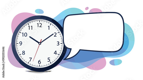 Analog wall clock next to an empty speech bubble, surrounded by abstract colorful shapes, symbolizing time-sensitive communication and announcements.