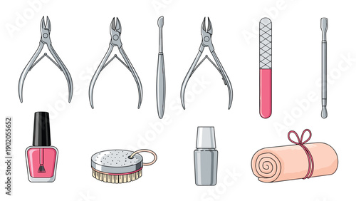 Comprehensive collection of professional manicure and pedicure tools, including nail clippers, files, polish, and brushes for perfect hand and foot care.